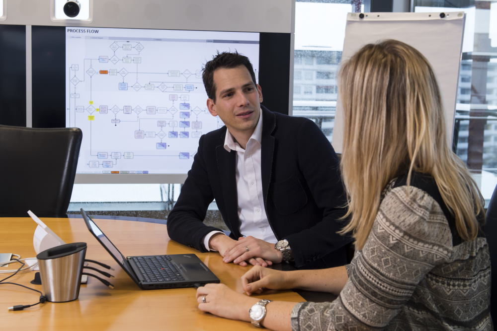 Ein Manager diskutiert mit einer Frau in einem Sitzungsraum. Ein Schema ist auf dem Bildschirm im Hintergrund sichtbar.